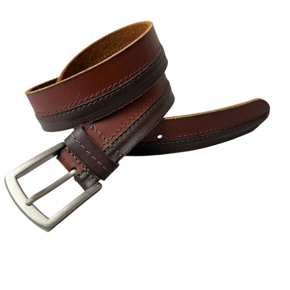 Lucky Brand Leather Belt Mens 32 Brown Colorblock Metal Buckle Casual Classic - Picture 1 of 7